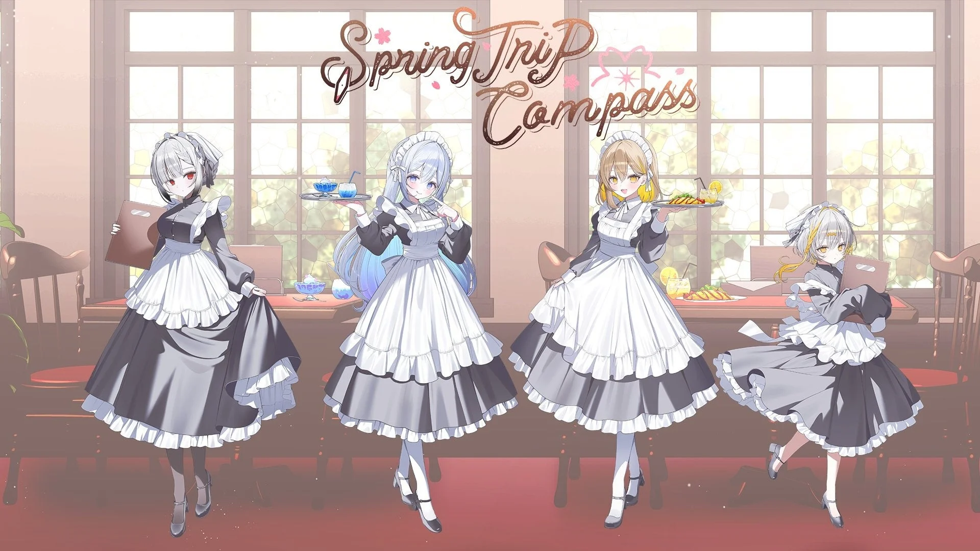 窓のあるカフェのような空間で、メイド服を着た4人のアニメ風の少女たちが描かれています。それぞれが飲み物や食事のトレイ、メニューなどを持ち、春の旅をテーマにしたイラストです。