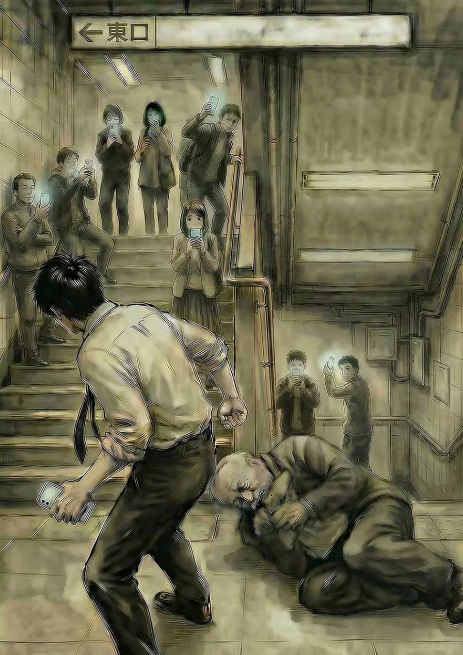 駅の階段で倒れた高齢男性を、周囲の多くの人々がスマートフォンに夢中で無関心に通り過ぎる様子を描いたイラスト。一人の男性が彼に目を向けている。