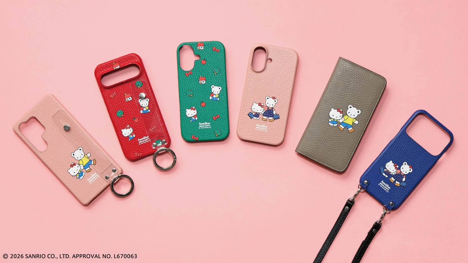 ファミリアとハローキティのコラボレーションによるスマートフォンケースやアクセサリー