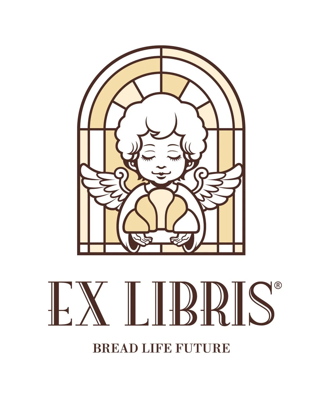 パンを抱えた天使が描かれた「EX LIBRIS」のロゴ
