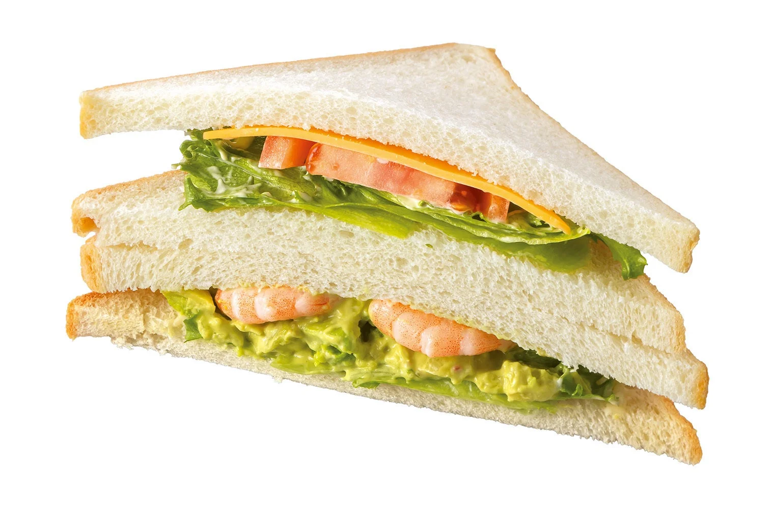 サンドイッチ、軽食、ランチ、パン、エビ、アボカド、レタス、トマト、チーズ、クラブハウスサンド、洋食、料理、食べ物、食品