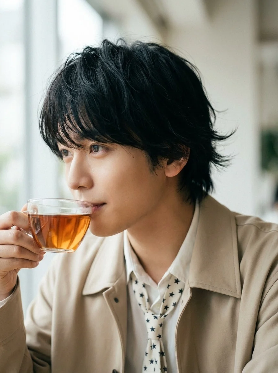 飲み物を飲む男性（AI俳優イメージ）