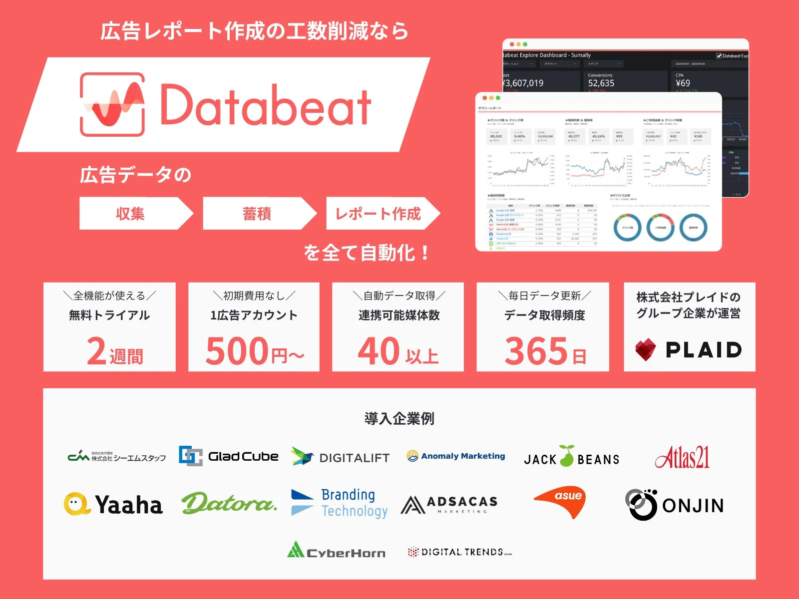 Databeatは、広告データの収集・蓄積・レポート作成を自動化し、工数削減を実現するサービスです