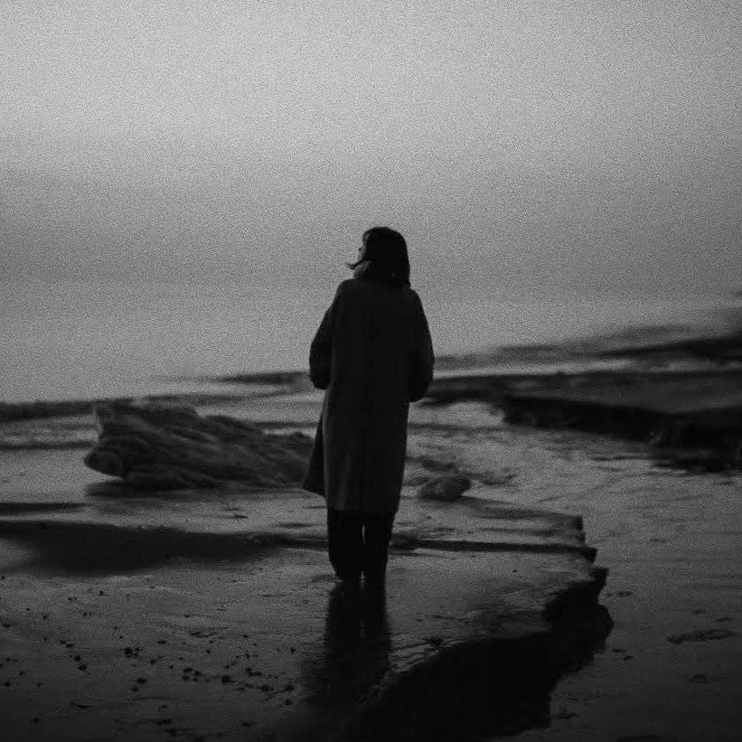 荒れた海岸を一人で歩く人物の後ろ姿を捉えたモノクロ写真。