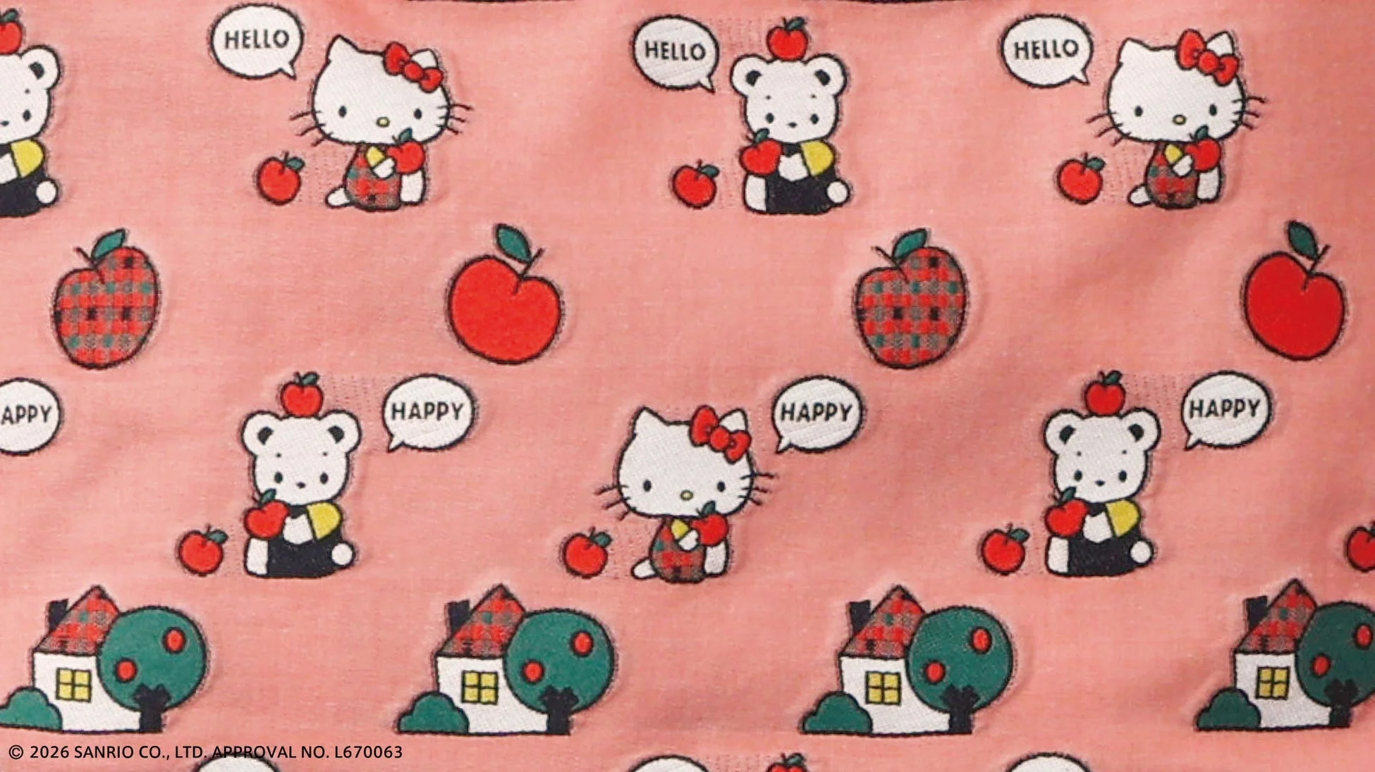 ハローキティと白いクマのキャラクターがリンゴを持っているパターン画像