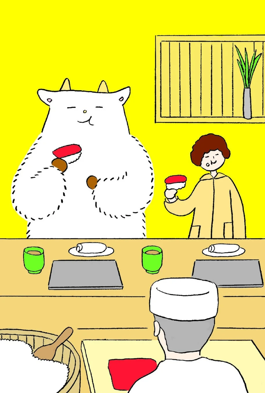 お寿司を食べるゴートくんと仲間たちのポストカード