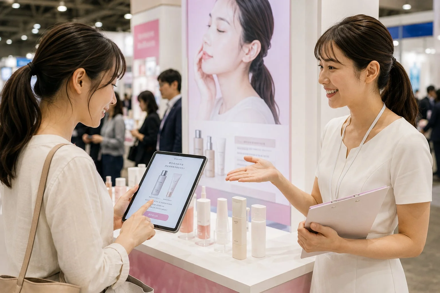 展示会ブースで女性客がタブレットを使って化粧品情報を閲覧しており、笑顔のスタッフが接客している様子。複数の化粧品ボトルが陳列されている。