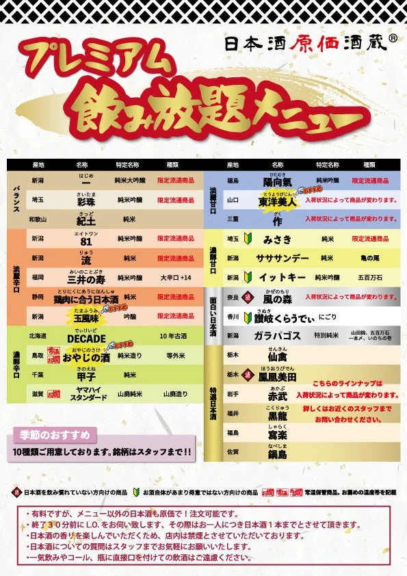 日本酒原価酒蔵のプレミアム飲み放題メニュー