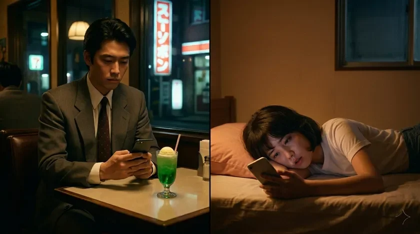 カフェと寝室でスマホを見る男女