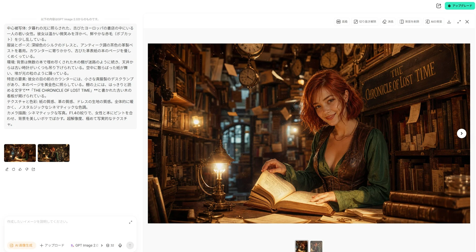 夕暮れ時の古びたヨーロッパの書店で、赤毛の若い女性が微笑みながら本を読んでいる。