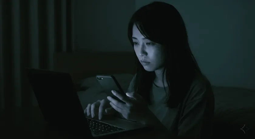 暗い部屋でスマホとPC