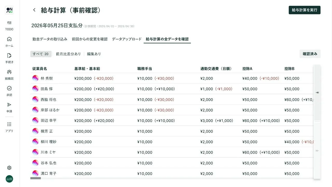 給与計算 事前確認画面