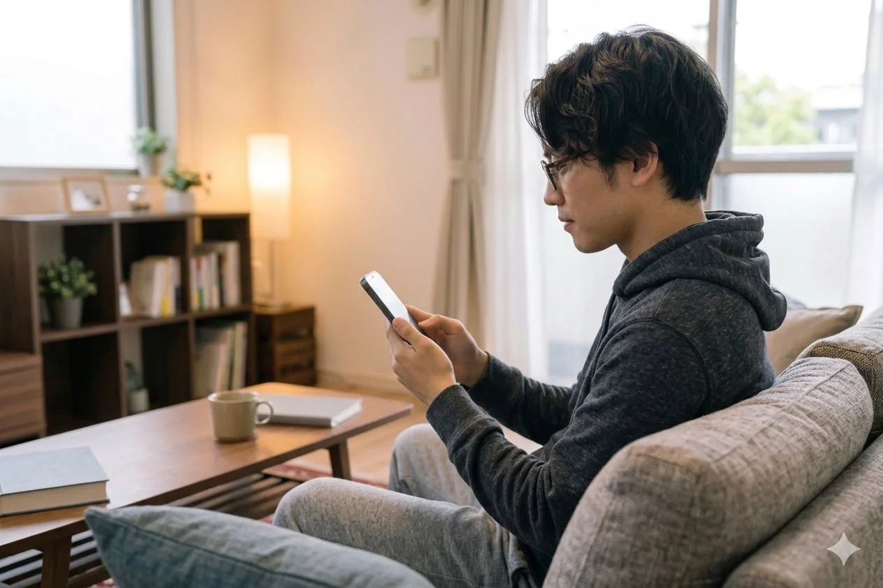 自宅のリビングで男性がソファに座り、スマートフォンを操作しています。くつろいだ雰囲気で、部屋には本棚や間接照明が見えます。