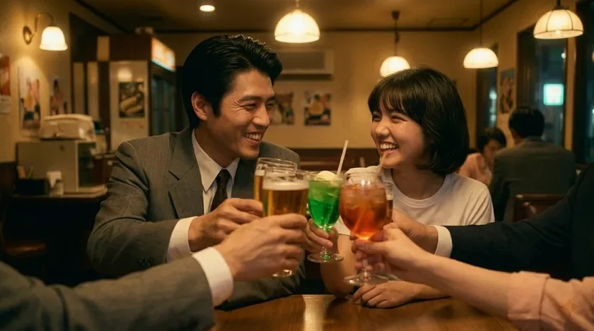 笑顔で乾杯する男女