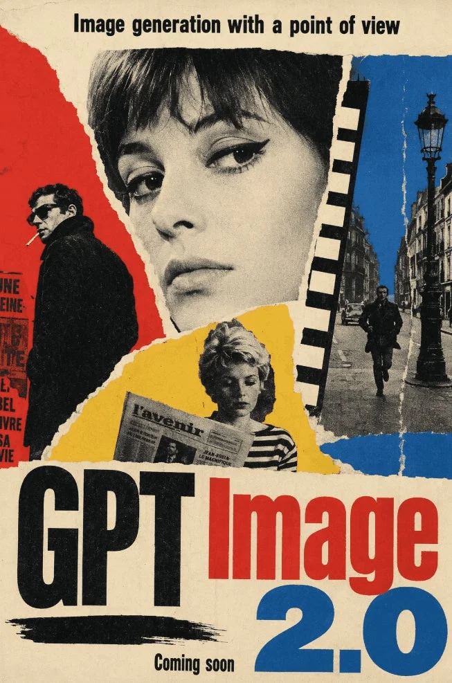 フレンチ・ニューウェーブ映画のポスターを思わせるコラージュアート。