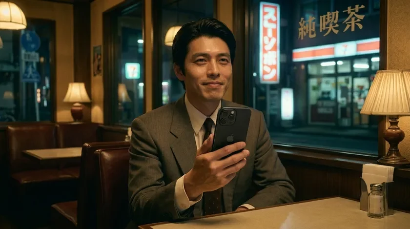 喫茶店でスマホを見る男性