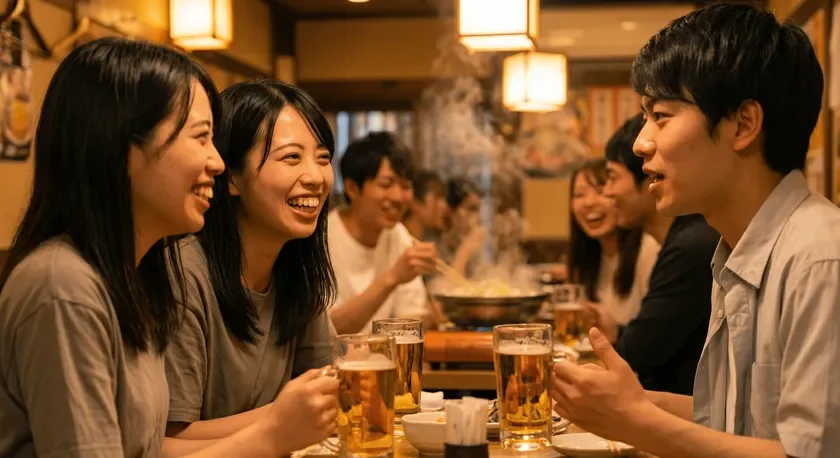 居酒屋で鍋を囲む若者たち