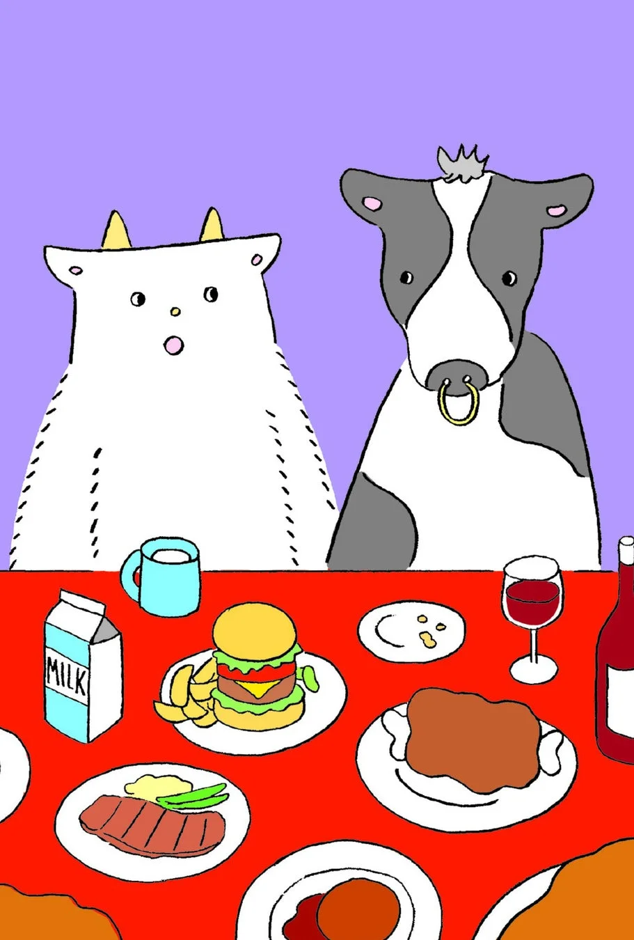 食事をするゴートくんと仲間たちのポストカード