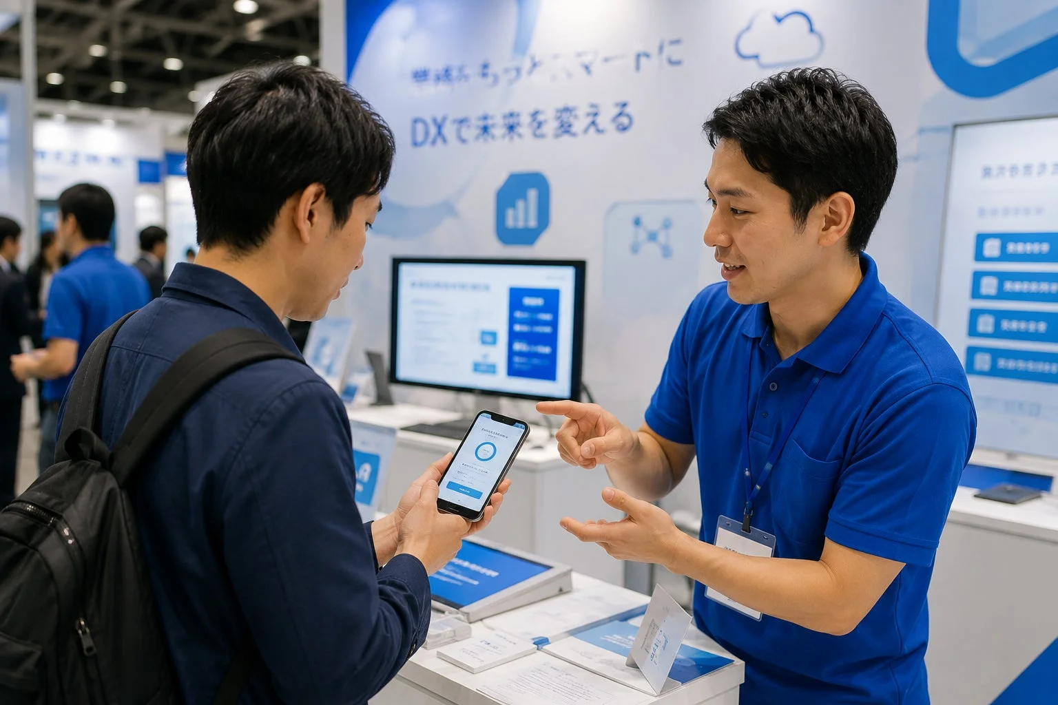 展示会ブースで、青いポロシャツの担当者が来場者にスマートフォンを使ってサービスを説明している。DXをテーマにした展示で、ビジネスにおけるテクノロジー活用の場面を捉えている。
