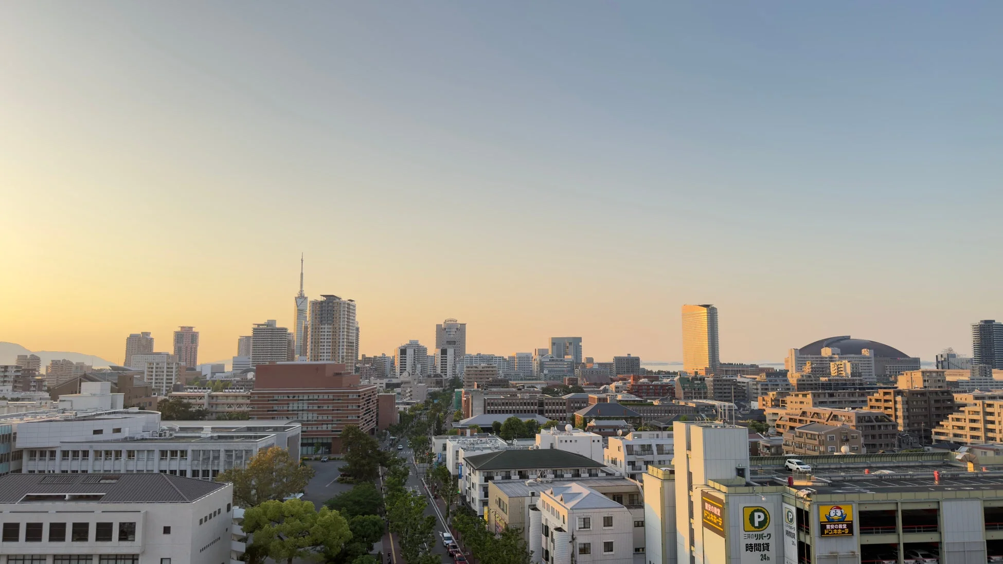 福岡の街並みを一望できる屋上庭園の夕景