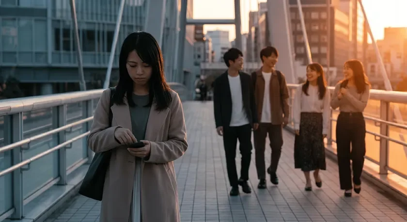 橋の上でスマホを見る女性とグループ