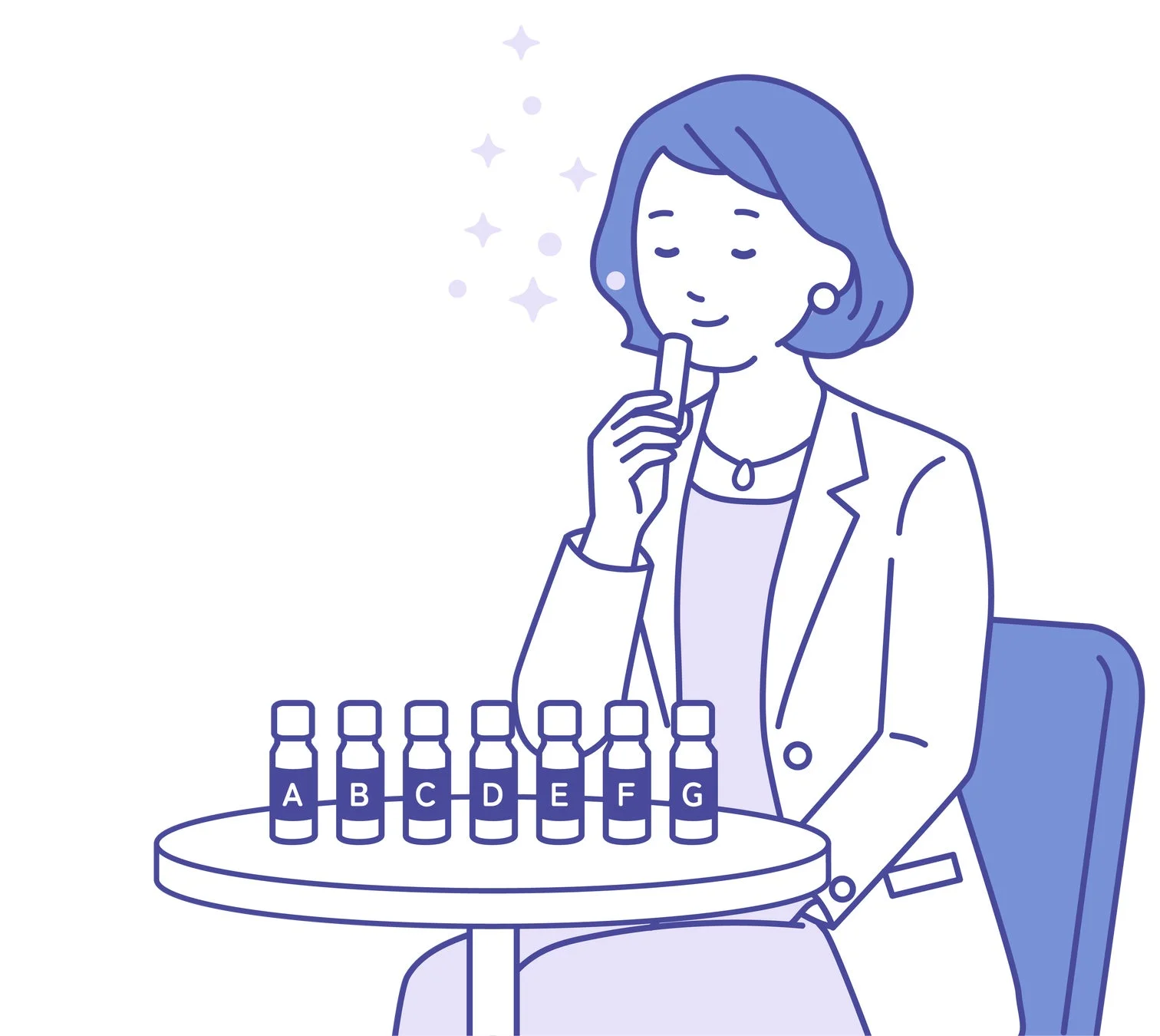 研究者らしき女性が、机に並べられた複数のサンプル（A-G）の中から一つを選び、スティックで香りを嗅いで評価している様子。