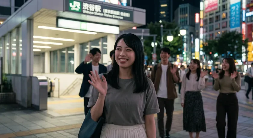 渋谷駅前で笑顔の女性たち