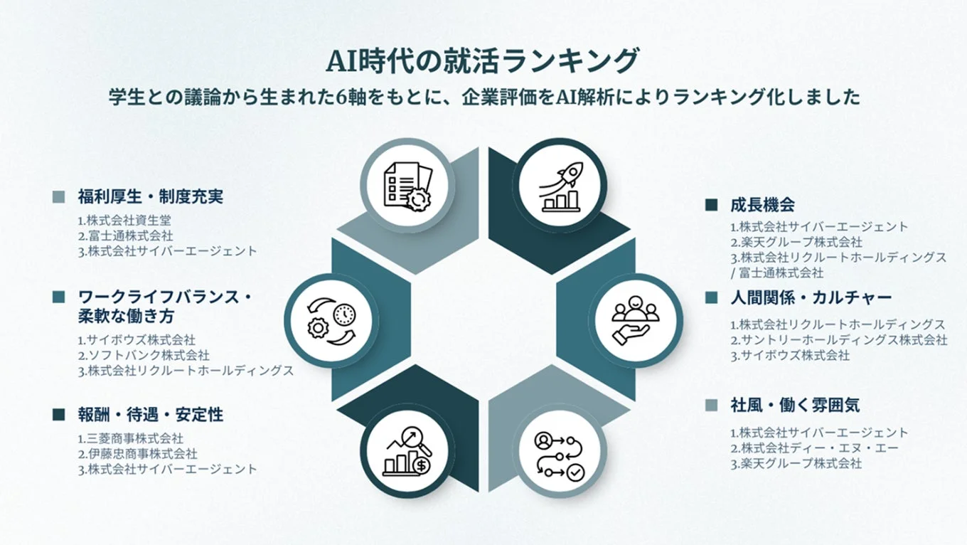 AI時代の就職活動ランキングを示す図。学生の議論から生まれた「福利厚生」「ワークライフバランス」「報酬」「成長機会」「人間関係」「社風」の6軸で企業をAI解析し、各カテゴリー上位3社を掲載しています。