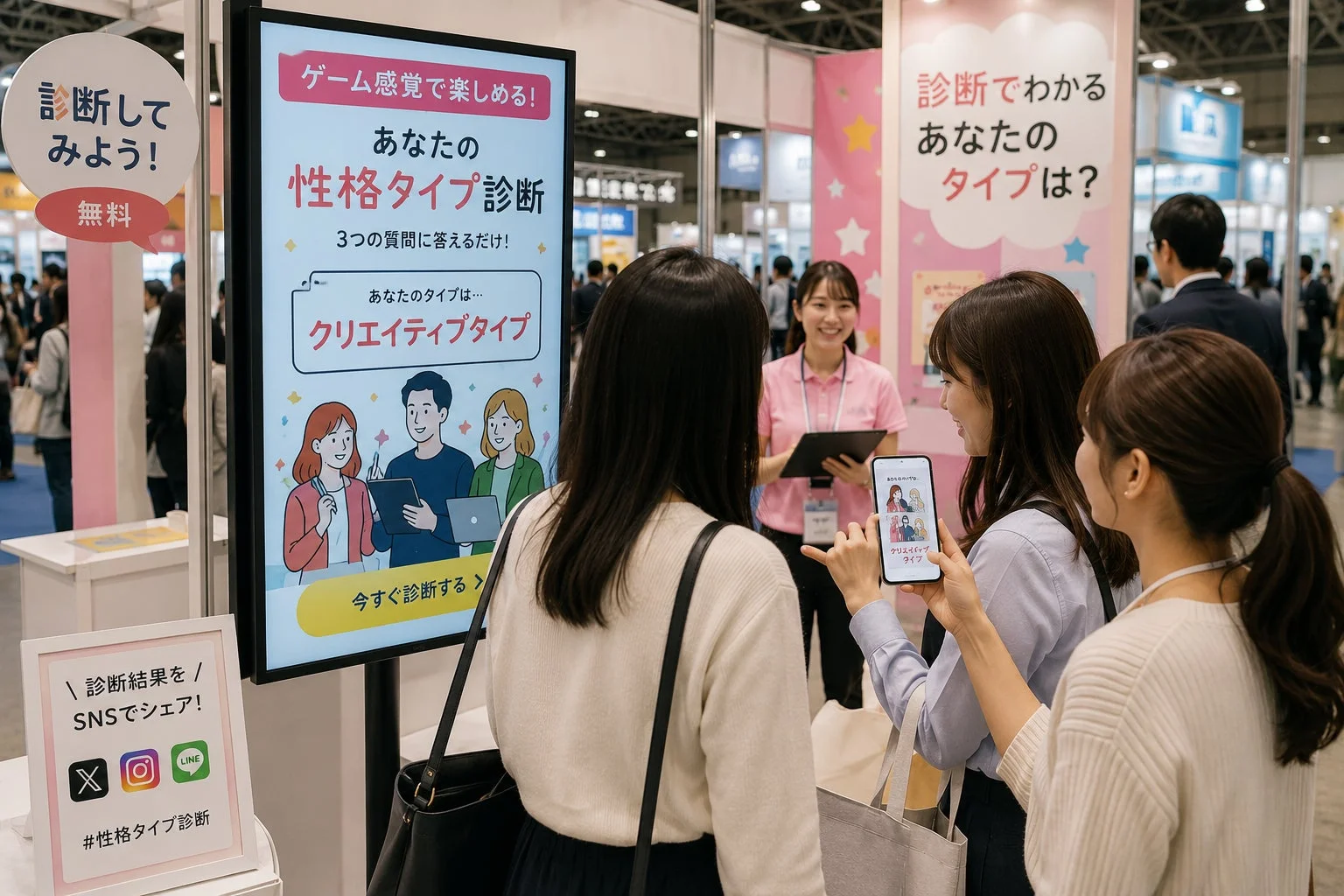イベント会場のブースで、来場者がデジタルサイネージの性格タイプ診断を楽しんでいる様子。女性がスマートフォンで診断結果「クリエイティブタイプ」を表示しており、SNSでのシェアも促されている。笑顔のスタッフも見える。