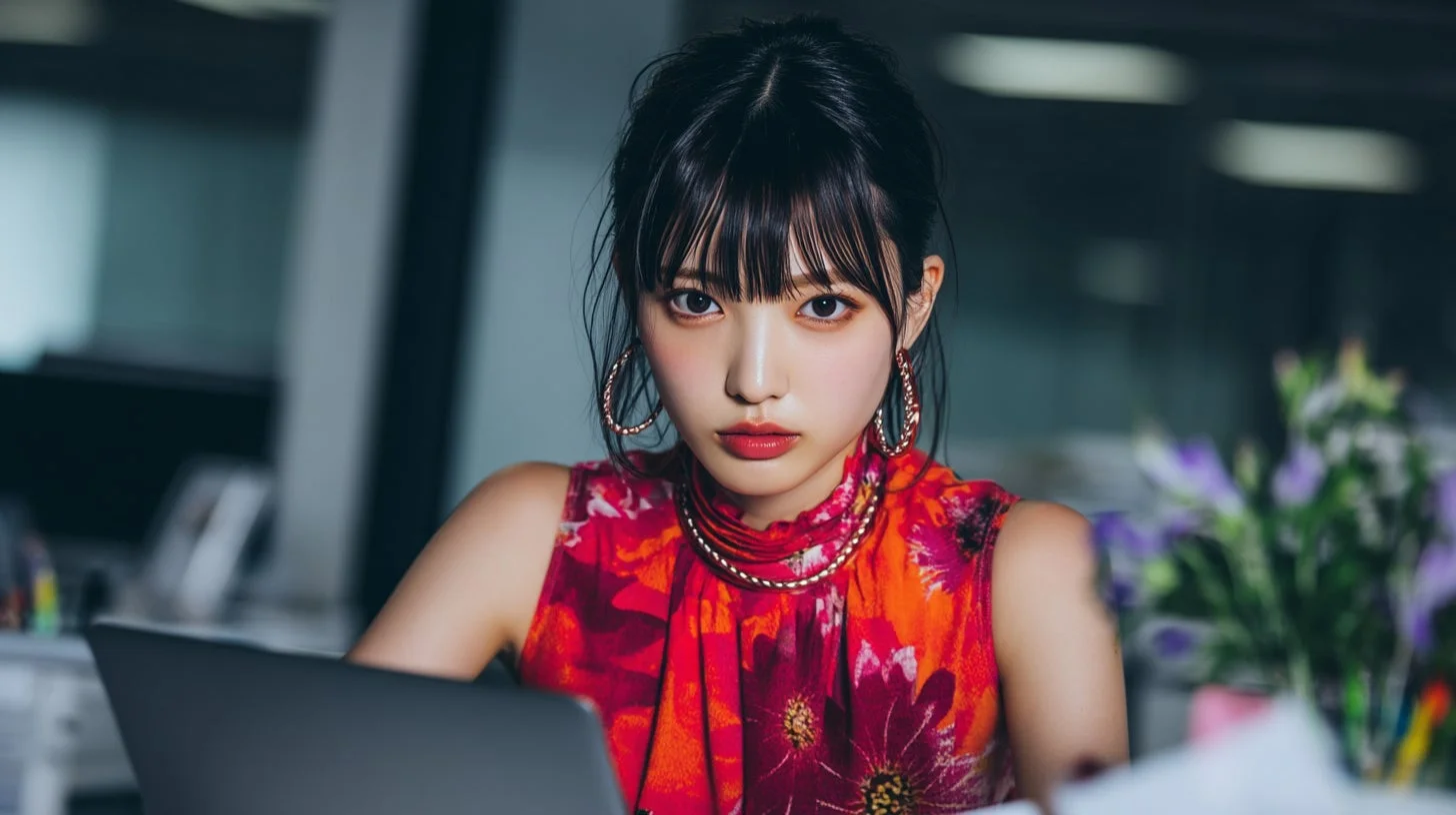 鮮やかな花柄のトップスを着た若い女性が、ラップトップを前に真剣な表情でカメラを見つめているポートレート