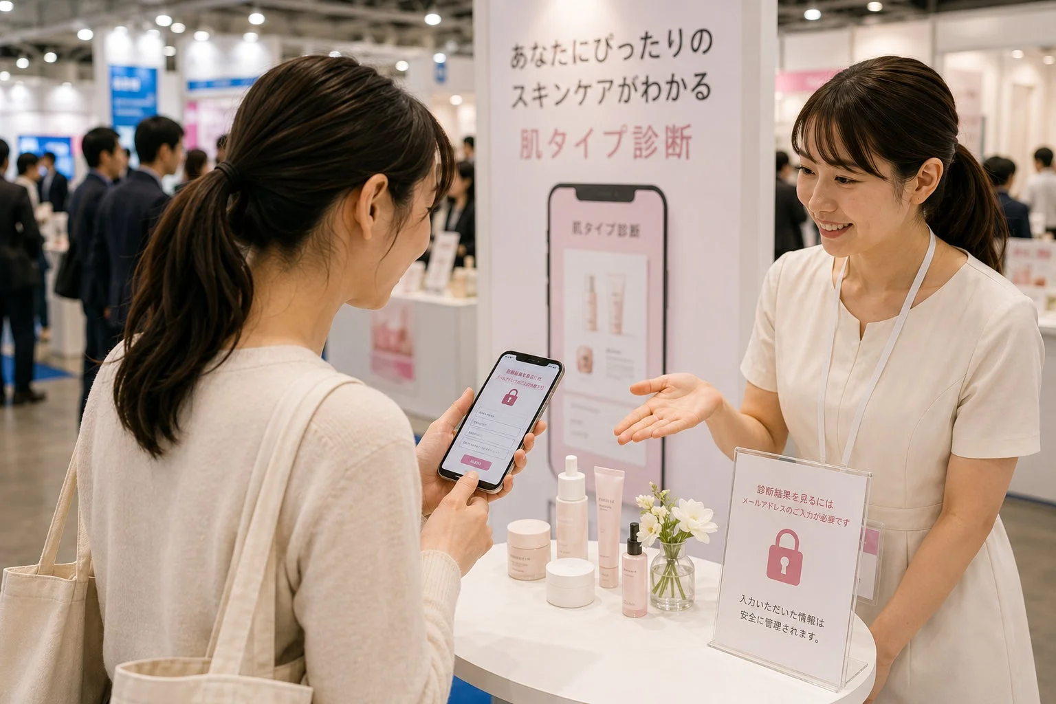 展示会ブースで、女性がスタッフから肌タイプ診断アプリについて説明を受けている様子です。テーブルにはスキンケア製品が並べられ、来場者がスマートフォンで診断結果を確認するためにメールアドレスを入力するよう促されています。