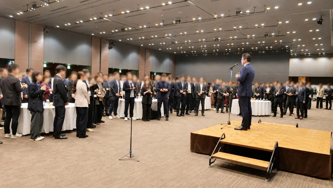広い会場で多くの参加者が集まり、壇上の男性がスピーチをしている企業イベントの様子