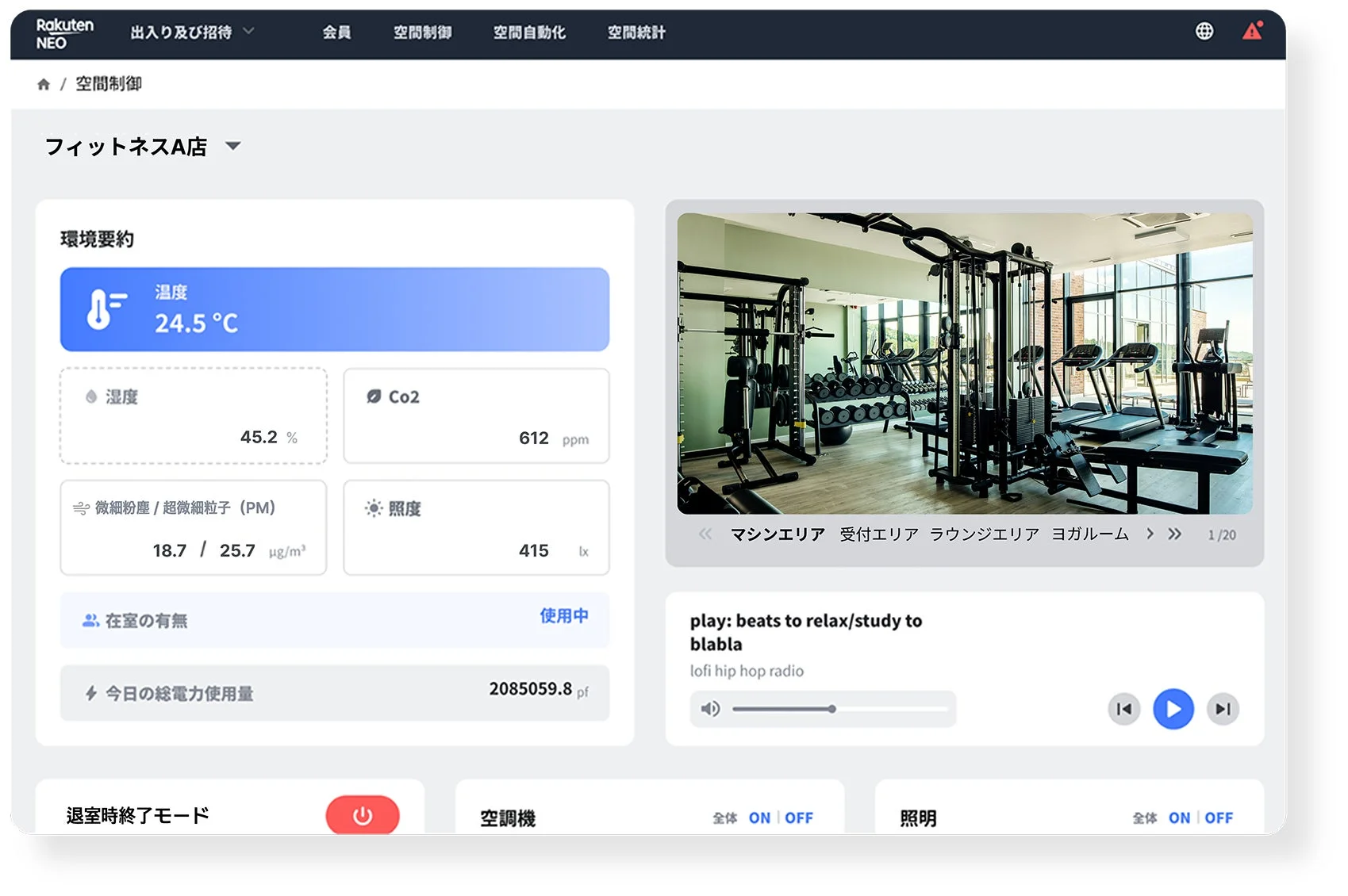フィットネスジム「フィットネスA店」のスマートオフィスダッシュボードです。室内の温度、湿度、Co2濃度、PM値、照度、電力使用量などの環境情報が表示されており、ジム内の写真や音楽プレイヤー機能も含まれています。