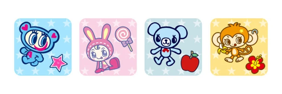 星柄の背景に、クマ、ウサギ、サルといった動物をモチーフにしたカラフルで可愛らしいキャラクターたちが描かれたイラスト