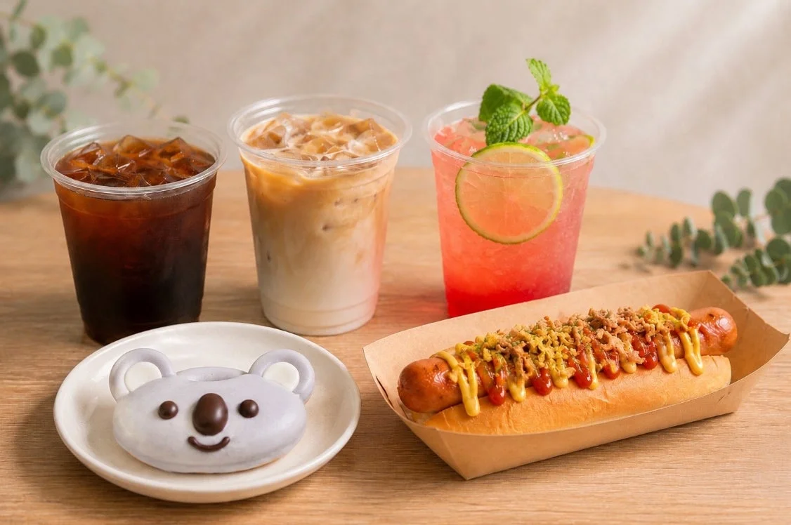 コアラカフェで提供されるアイスコーヒー、アイスラテ、ホットドッグ、コアラ型ドーナツ