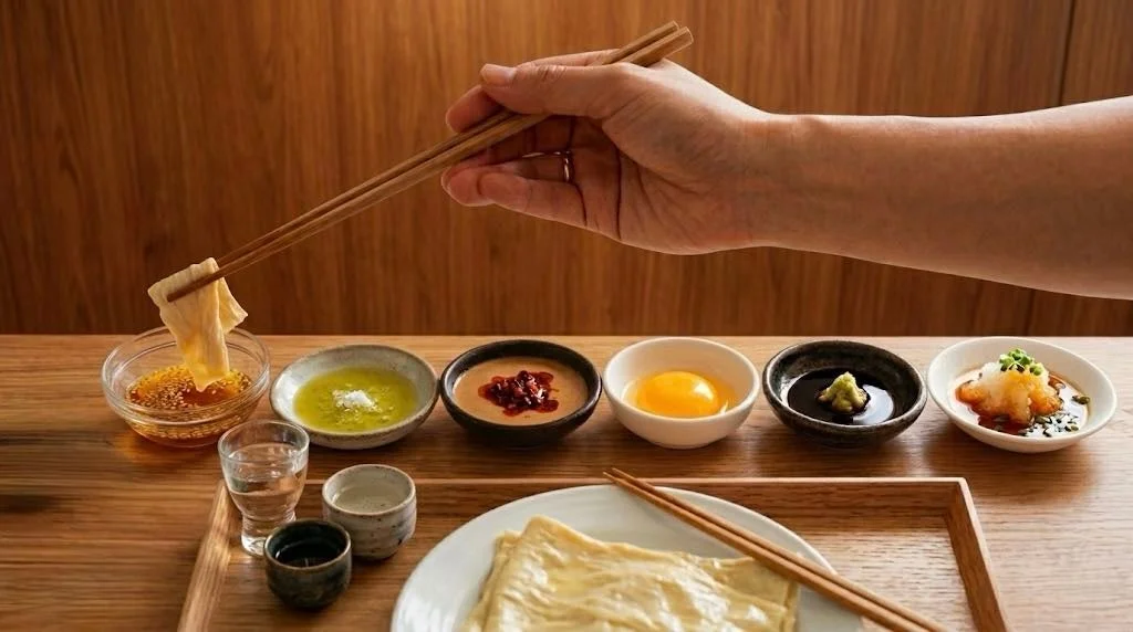 湯葉をディップして食べる様子