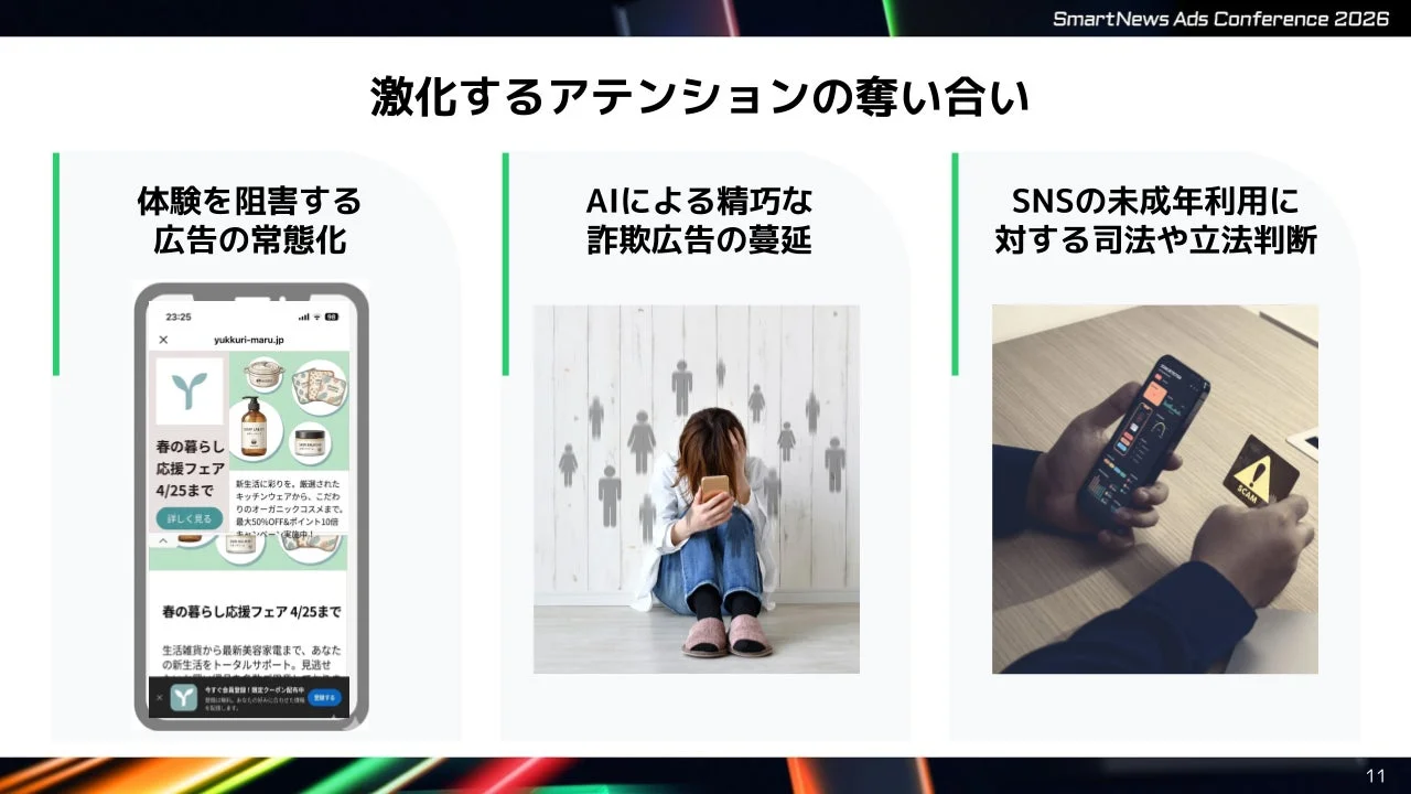 SmartNews Ads Conference 2026でのプレゼンテーションスライド：アテンションの奪い合い