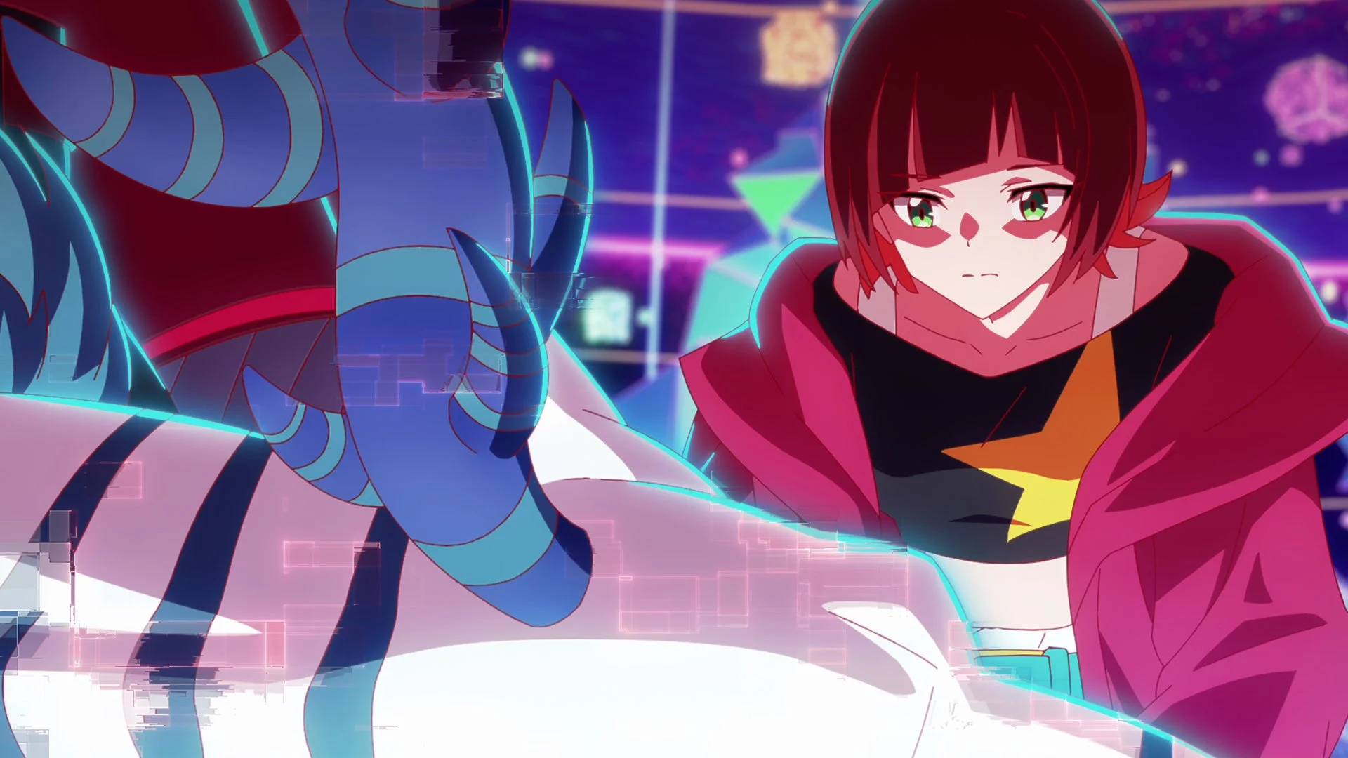 赤髪の少女が、青い装飾のある白いクリーチャーのようなものを見つめているアニメーションのシーン。ネオンライトに照らされたデジタル空間で、グリッチ表現が見られるSF的な雰囲気。