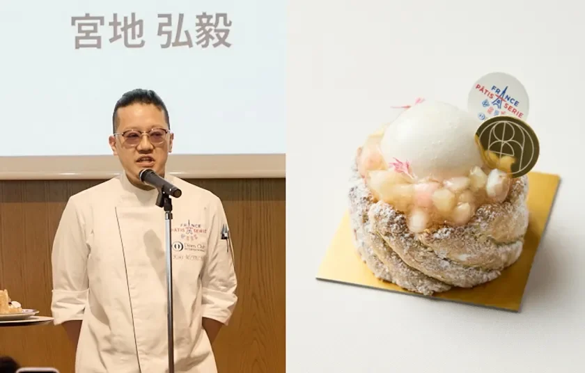 パティシエの宮地弘毅氏が講演している様子と、彼が手掛けたと思われるピーチとクリームが飾られた美しいフランス菓子が並べられた画像です。イベントか発表会の様子を捉えています。