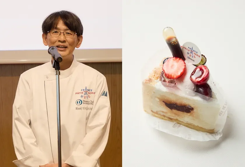 パティシエの男性がマイクで話す様子と、イチゴやチェリーが飾られた美しいケーキが並んで写っています。パティスリー関連のイベントで、スイーツと登壇者の様子を捉えた画像です。