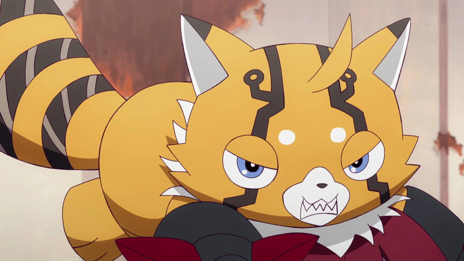 黄色い毛皮とデジタル回路のような模様が特徴のアニメキャラクター「パルスモン」の顔のクローズアップ。鋭い青い瞳と牙を見せ、猛々しい表情をしています。デジモンのような獣人型キャラクターで、力強さと決意が感じられます。