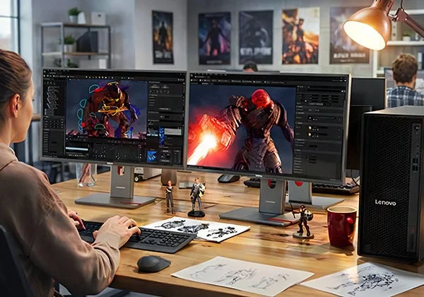 女性がデュアルモニターで3Dモデルやゲームアセットを操作しています。デスクにはフィギュアやスケッチがあり、クリエイティブなデザイン作業やゲーム開発を行うオフィス環境が描かれています。