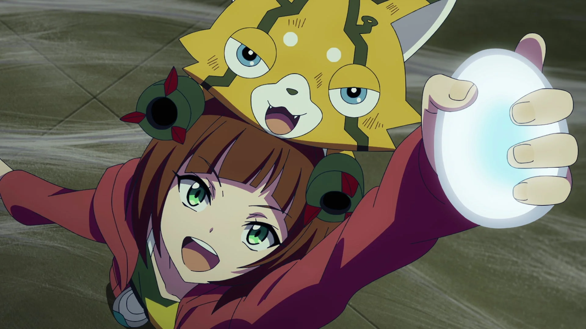 明るい笑顔のアニメの少女が、頭に黄色い猫のような生き物を乗せ、光る白い玉を掲げている。希望に満ちた表情が印象的なシーン。