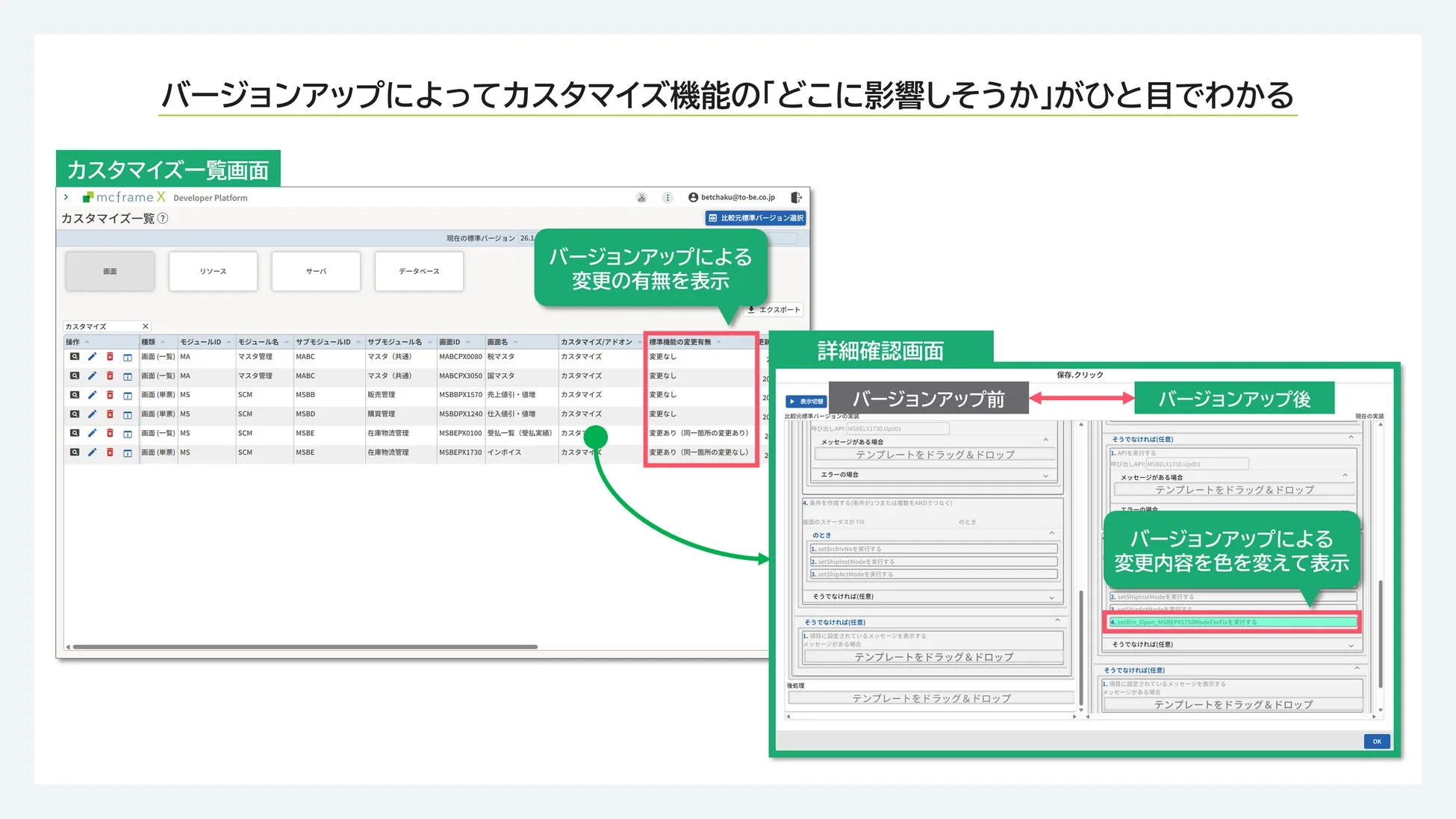 アップデート影響調査機能の画面