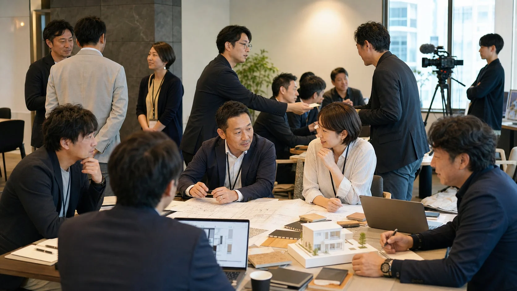 複数の専門家が住宅模型や設計図を囲んで議論する様子