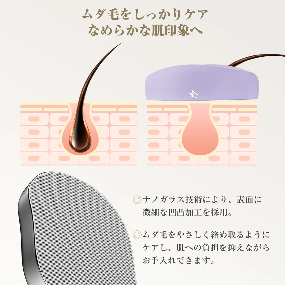 ムダ毛をしっかりケアなめらかな肌印象へナノガラス技術により、表面に微細な凹凸加工を採用。ムダ毛をやさしく絡め取るようにケアし、肌への負担を抑えながらお手入れできます。