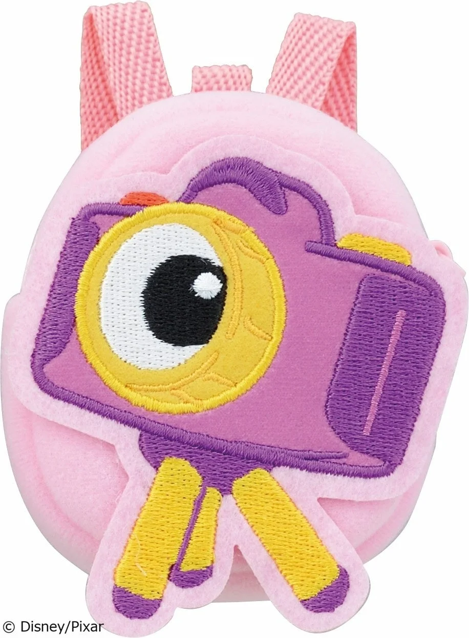 ピンクのカメラ風キャラクター ミニリュック型ポーチ