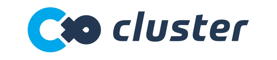 白背景に青色のシンボルと「cluster」の文字が書かれたロゴ画像