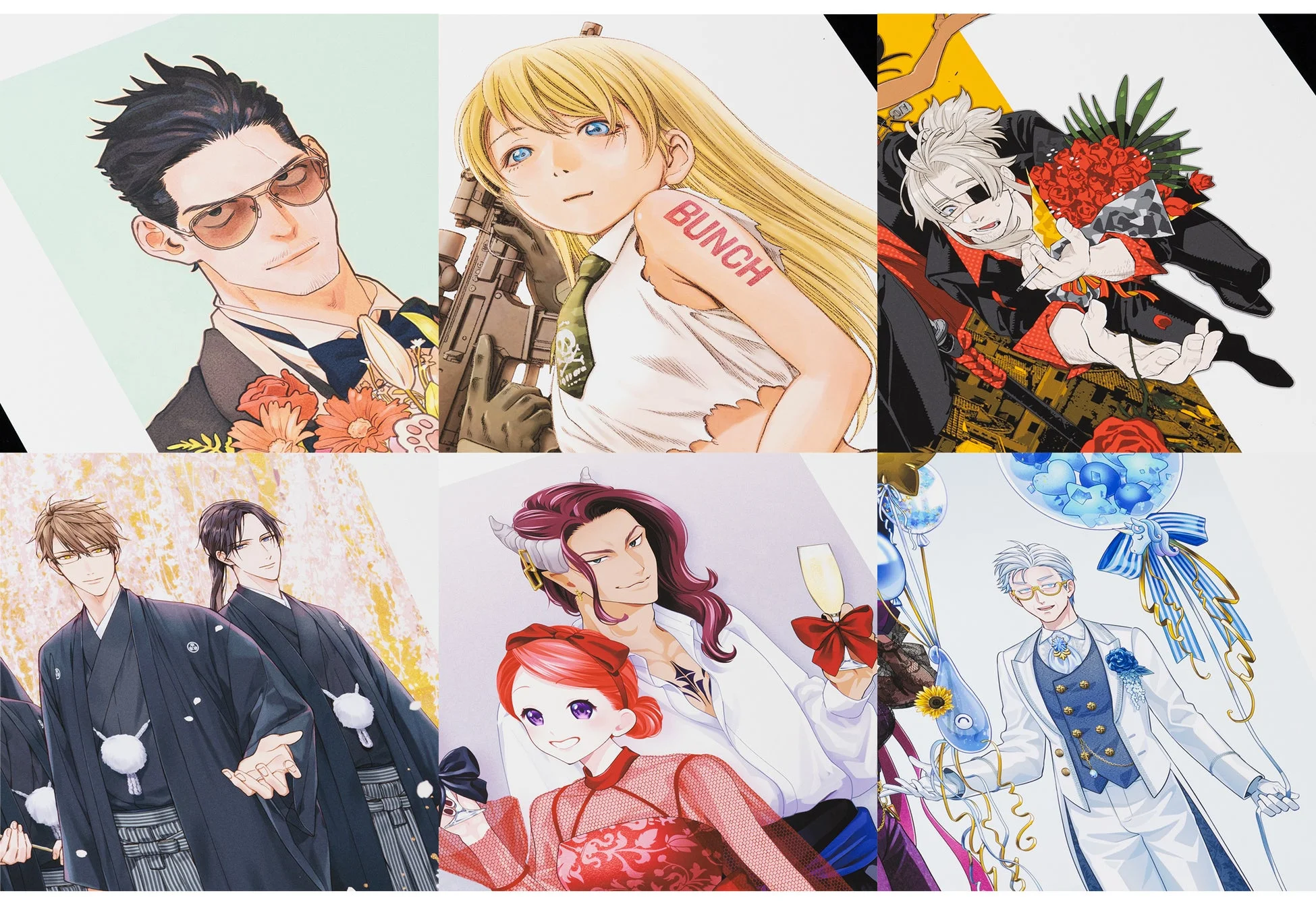 6つの異なるアニメ・漫画風のイラストが並べられた画像です。スーツ姿の男性、銃を持つ女性、和装の男性、パーティー衣装のカップルなど、多様なキャラクターとテーマが鮮やかに描かれています。