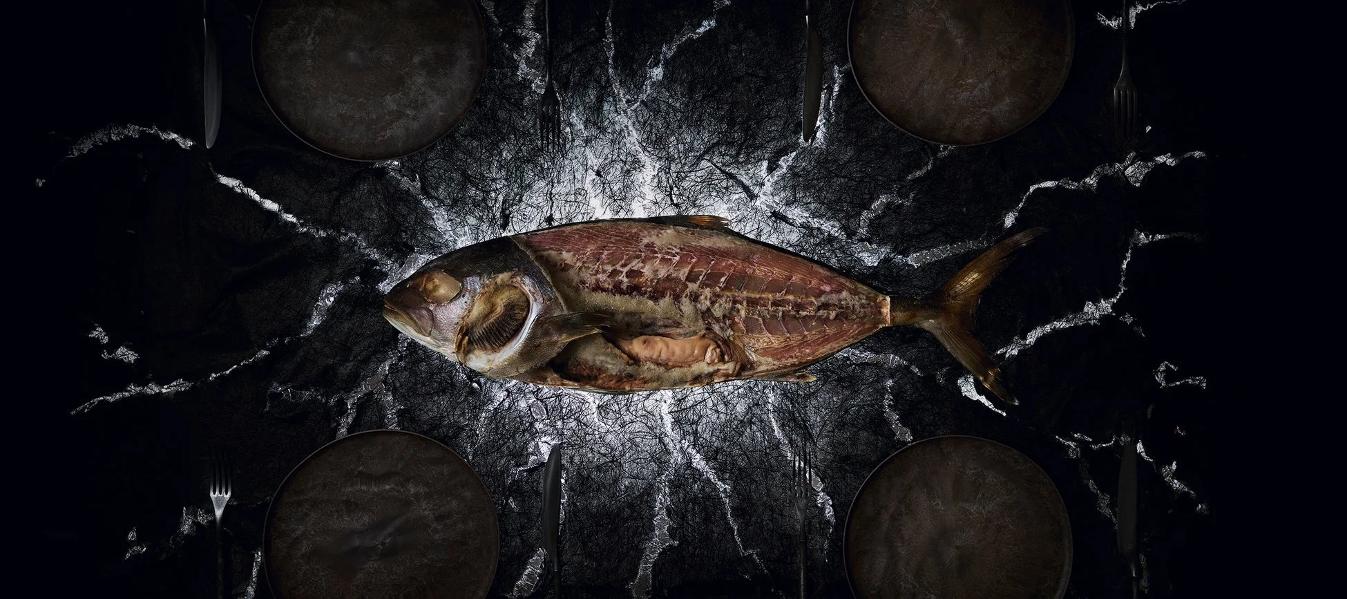 暗い背景に横たわる一匹の魚が中央に配置された料理写真